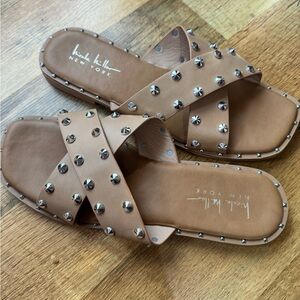 Nicole Miller Tan Cross‑Strap Studded Slide Sandals
